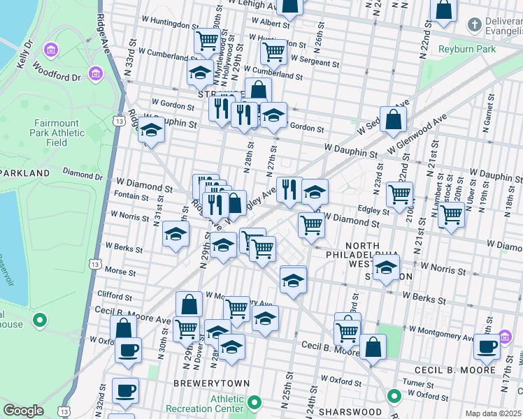 map of restaurants, bars, coffee shops, grocery stores, and more near 2700 Diamond Street in Philadelphia