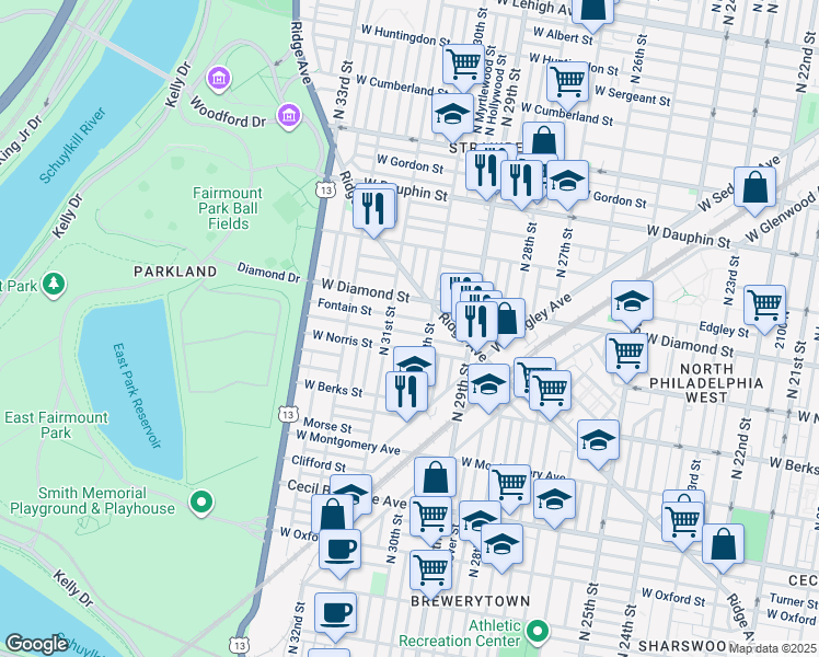 map of restaurants, bars, coffee shops, grocery stores, and more near 3025 Page Street in Philadelphia