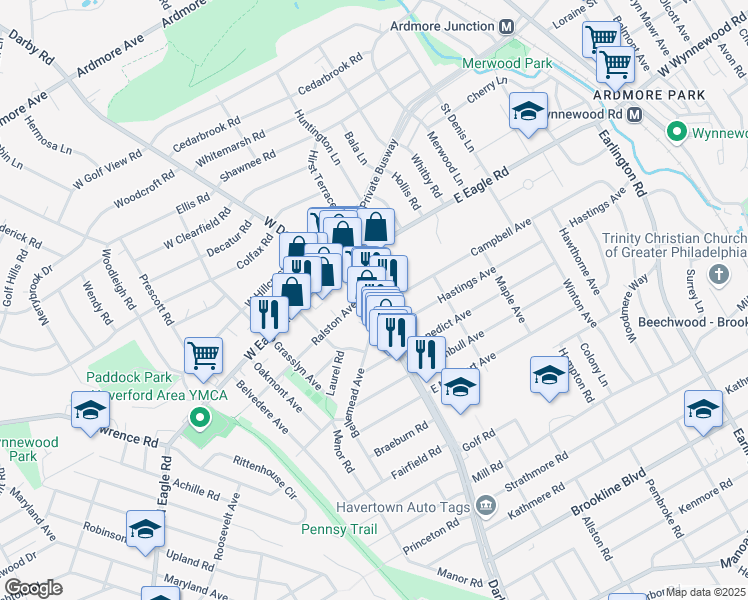 map of restaurants, bars, coffee shops, grocery stores, and more near 2229 East Darby Road in Havertown