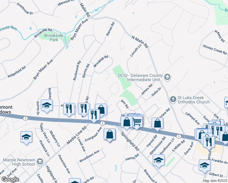map of restaurants, bars, coffee shops, grocery stores, and more near 111 Newby Drive in Newtown Square
