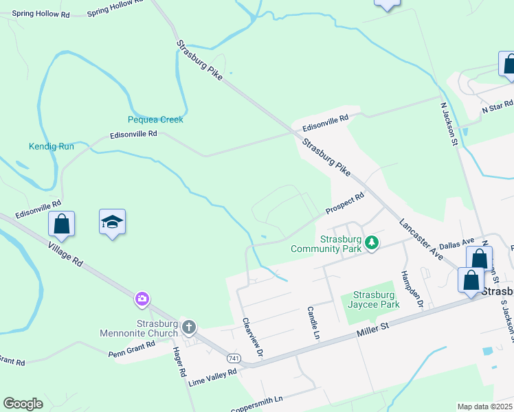 map of restaurants, bars, coffee shops, grocery stores, and more near Old Orchard Road in Strasburg