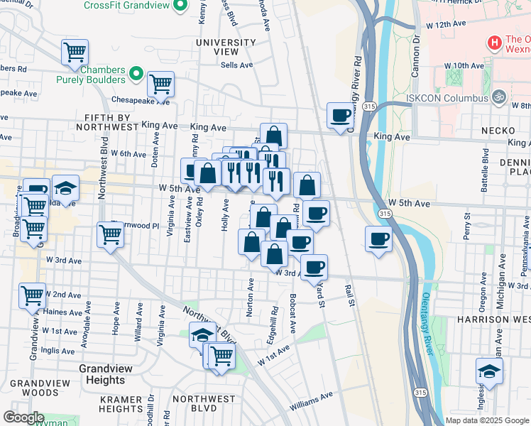map of restaurants, bars, coffee shops, grocery stores, and more near 1399 Delashmut Avenue in Columbus