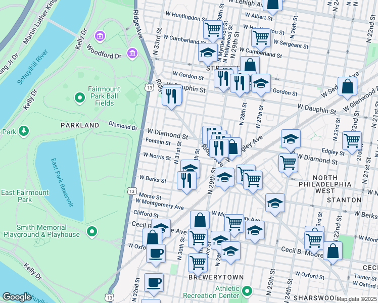 map of restaurants, bars, coffee shops, grocery stores, and more near 3021 Page Street in Philadelphia