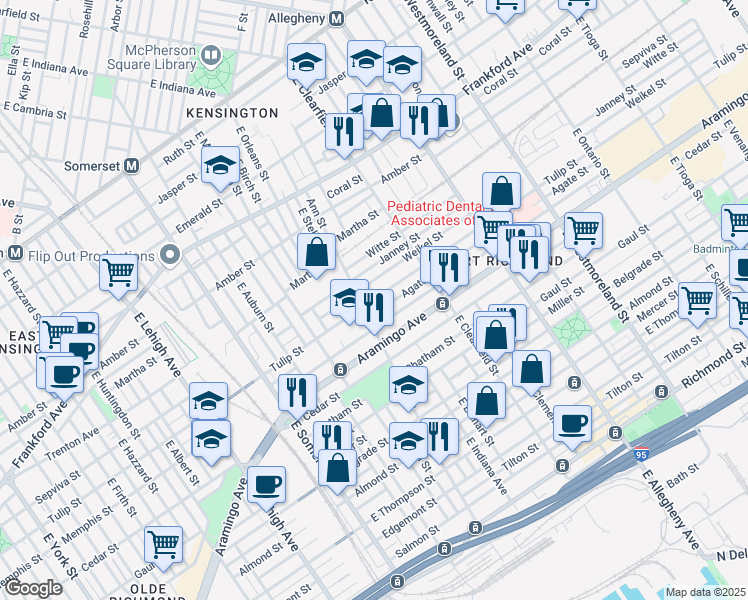 map of restaurants, bars, coffee shops, grocery stores, and more near 3009 Tulip Street in Philadelphia