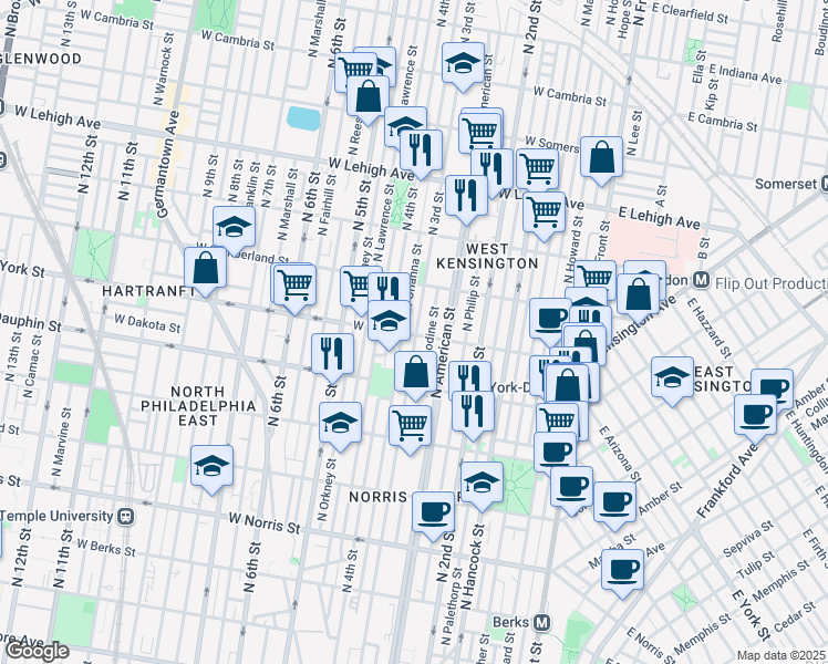 map of restaurants, bars, coffee shops, grocery stores, and more near 262 West York Street in Philadelphia