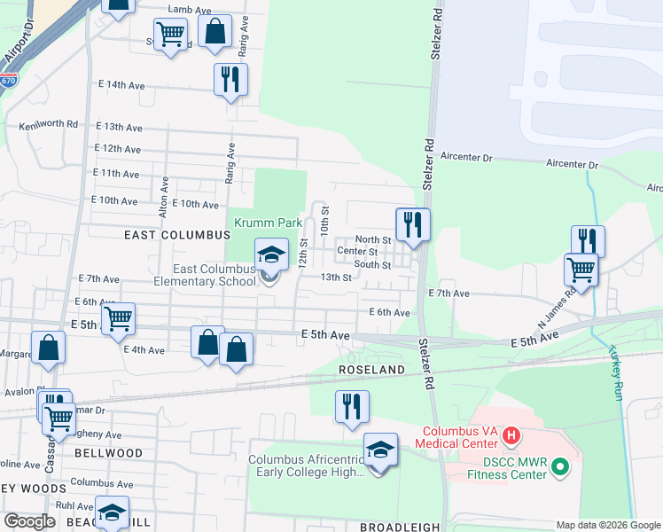 map of restaurants, bars, coffee shops, grocery stores, and more near 73 South Street in Columbus