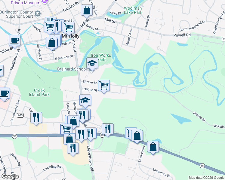 map of restaurants, bars, coffee shops, grocery stores, and more near 188 Hulme Street in Mount Holly