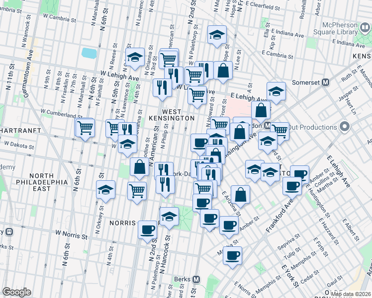 map of restaurants, bars, coffee shops, grocery stores, and more near 2406 North Hancock Street in Philadelphia