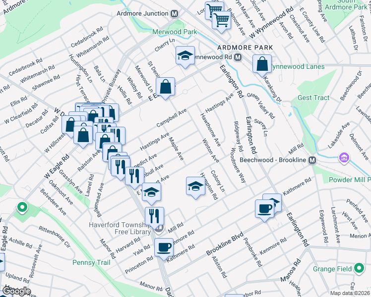 map of restaurants, bars, coffee shops, grocery stores, and more near 212 East Turnbull Avenue in Havertown