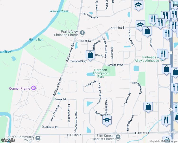 map of restaurants, bars, coffee shops, grocery stores, and more near 13837 Priscilla Place in Fishers