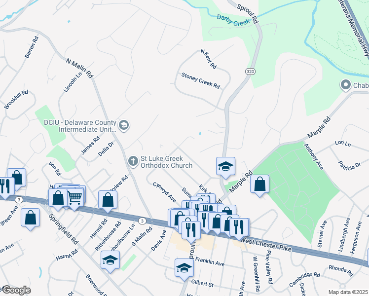 map of restaurants, bars, coffee shops, grocery stores, and more near 2631 Sunset Boulevard in Broomall