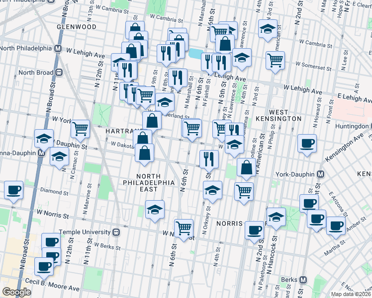 map of restaurants, bars, coffee shops, grocery stores, and more near 2325 North Marshall Street in Philadelphia
