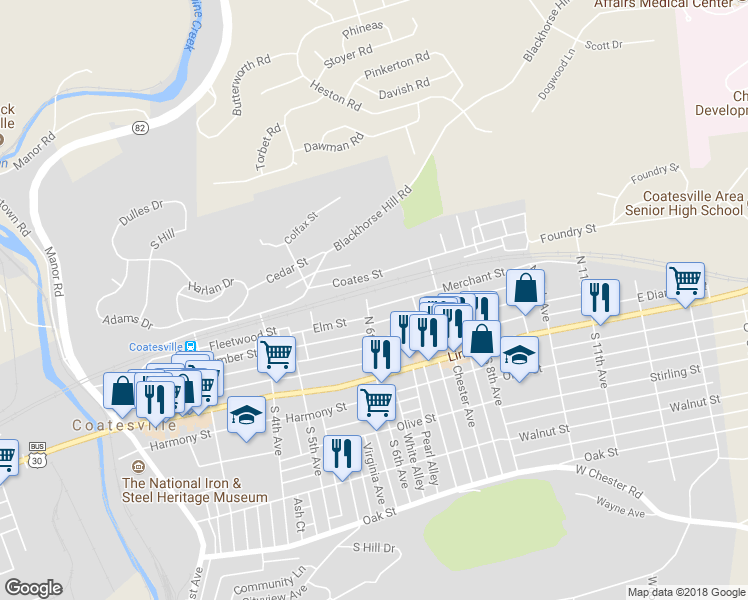map of restaurants, bars, coffee shops, grocery stores, and more near 601 Merchant Street in Coatesville