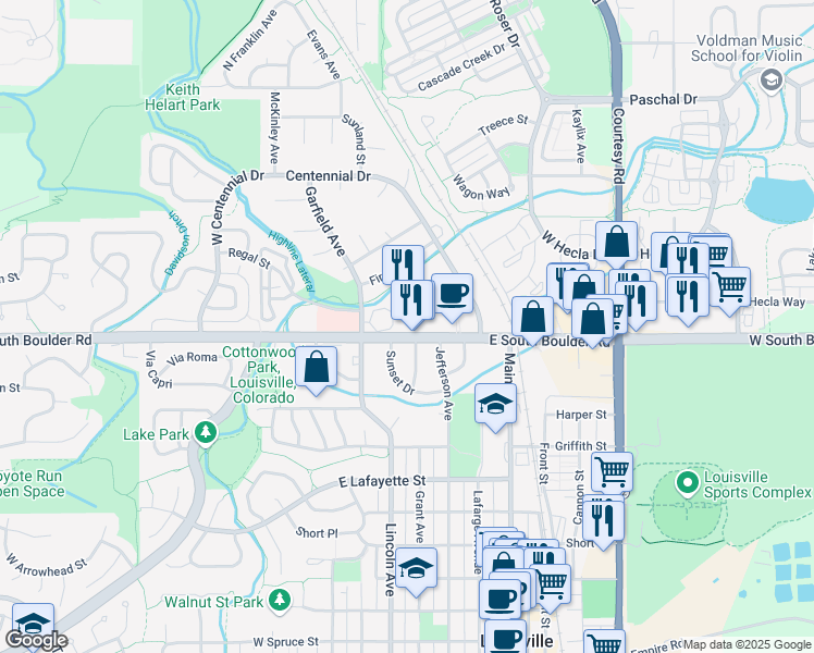 map of restaurants, bars, coffee shops, grocery stores, and more near 551 East South Boulder Road in Louisville