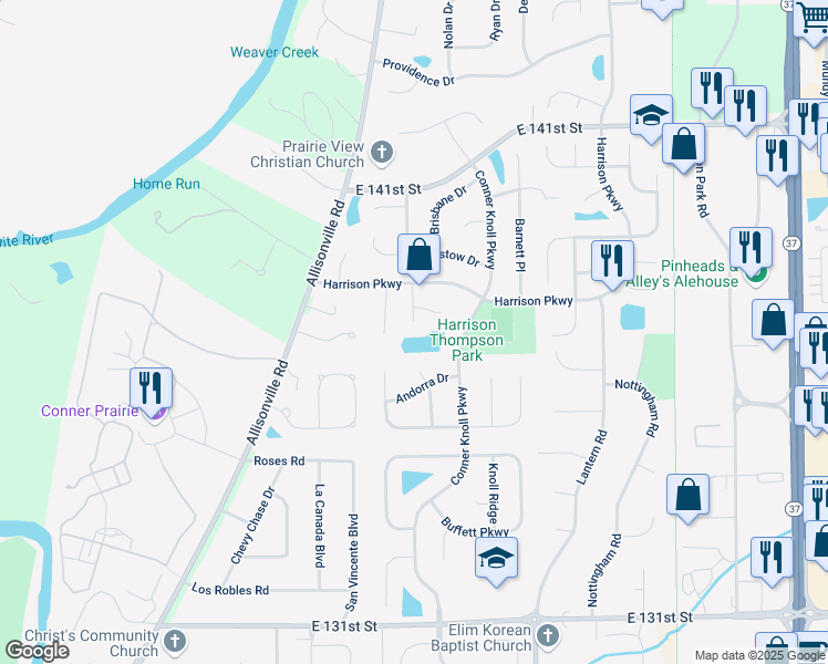 map of restaurants, bars, coffee shops, grocery stores, and more near 13837 Priscilla Place in Fishers