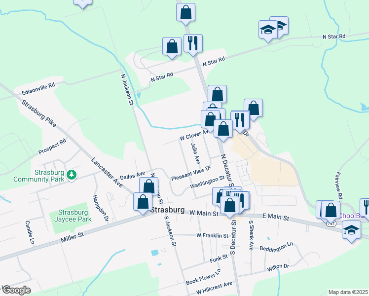 map of restaurants, bars, coffee shops, grocery stores, and more near 258 North Fulton Street in Strasburg