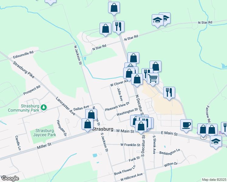 map of restaurants, bars, coffee shops, grocery stores, and more near 258 North Fulton Street in Strasburg