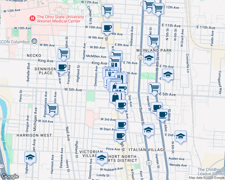 map of restaurants, bars, coffee shops, grocery stores, and more near in Columbus