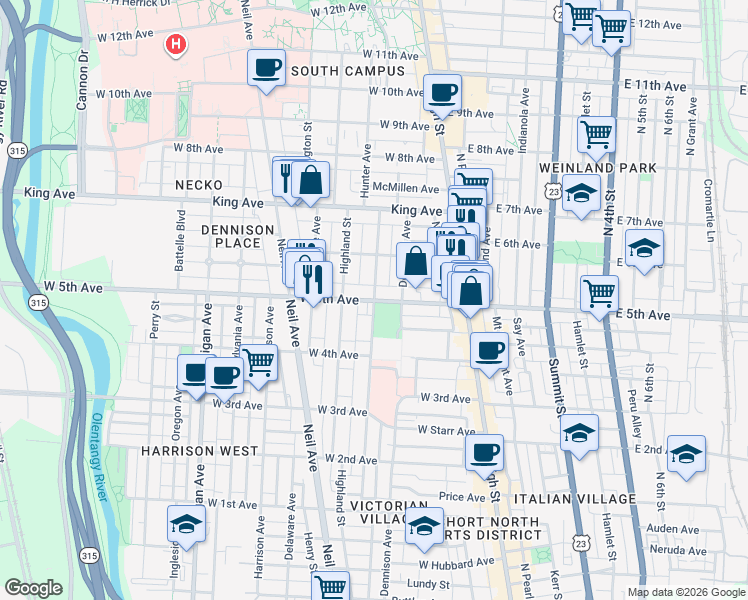 map of restaurants, bars, coffee shops, grocery stores, and more near W 5th Ave & Hunter Ave in Columbus