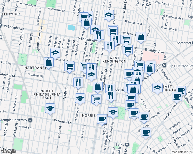 map of restaurants, bars, coffee shops, grocery stores, and more near 262 West York Street in Philadelphia