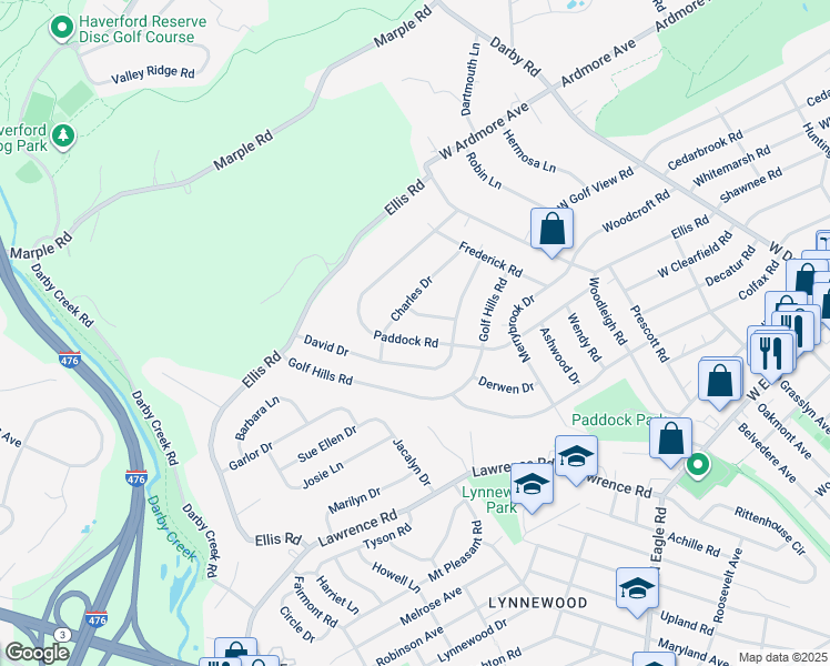 map of restaurants, bars, coffee shops, grocery stores, and more near 524 Paddock Road in Havertown