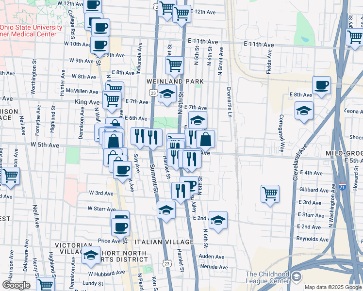 map of restaurants, bars, coffee shops, grocery stores, and more near 1186-1190 East 4th Avenue in Columbus