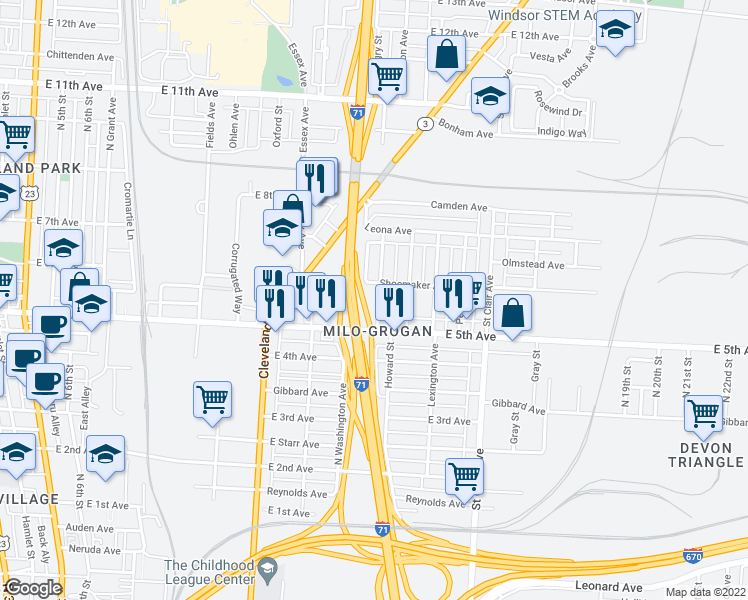 map of restaurants, bars, coffee shops, grocery stores, and more near 1092 Sidney Street in Columbus