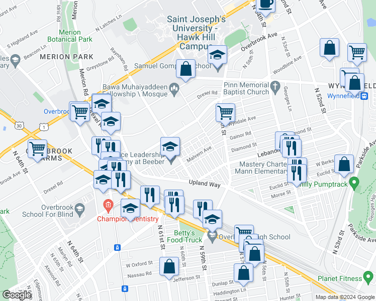 map of restaurants, bars, coffee shops, grocery stores, and more near 2219 Melvin Street in Philadelphia