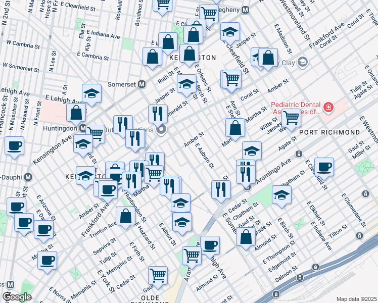 map of restaurants, bars, coffee shops, grocery stores, and more near 2120 East Rush Street in Philadelphia
