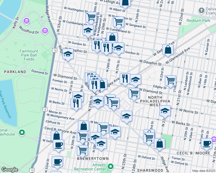 map of restaurants, bars, coffee shops, grocery stores, and more near 2020 North Etting Street in Philadelphia