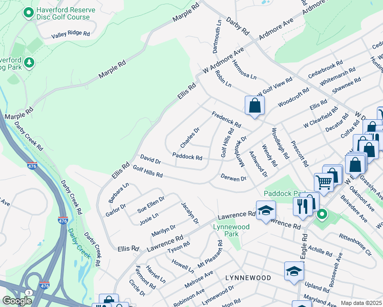map of restaurants, bars, coffee shops, grocery stores, and more near 524 Paddock Road in Havertown