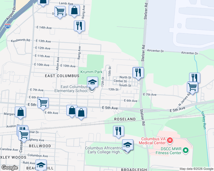 map of restaurants, bars, coffee shops, grocery stores, and more near 73 South Street in Columbus