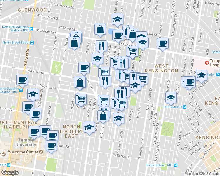 map of restaurants, bars, coffee shops, grocery stores, and more near 2345 North 6th Street in Philadelphia