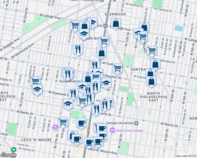 map of restaurants, bars, coffee shops, grocery stores, and more near in Philadelphia