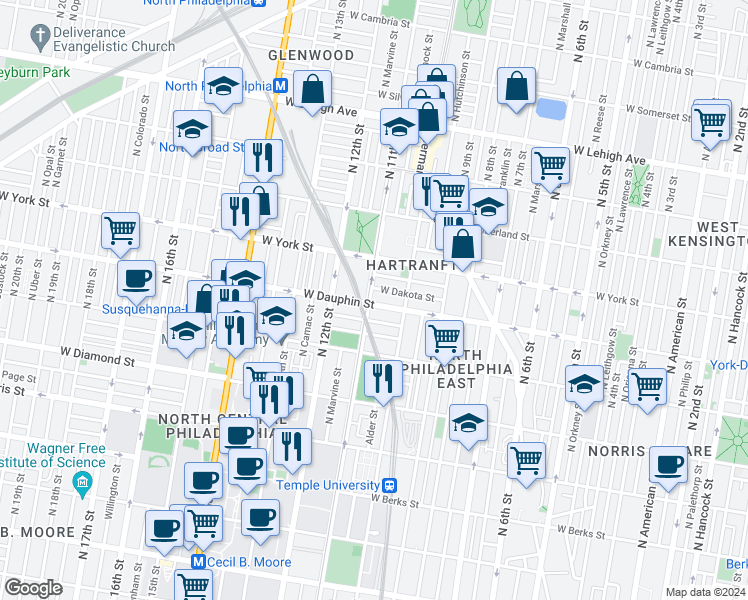 map of restaurants, bars, coffee shops, grocery stores, and more near 1033 Dauphin Street in Philadelphia