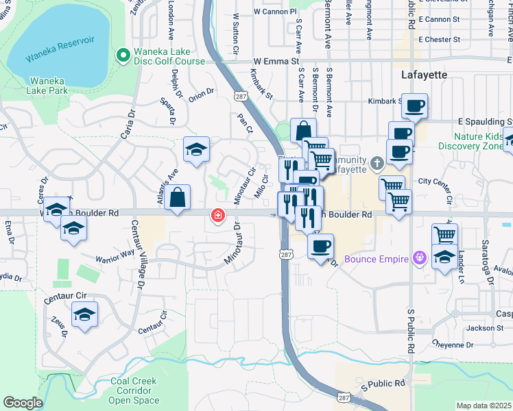 map of restaurants, bars, coffee shops, grocery stores, and more near 1328 Marigold Court in Lafayette