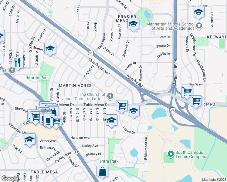 map of restaurants, bars, coffee shops, grocery stores, and more near 4672 Ingram Court in Boulder
