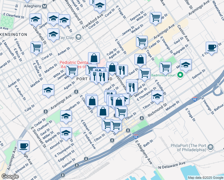 map of restaurants, bars, coffee shops, grocery stores, and more near 3242 Miller Street in Philadelphia