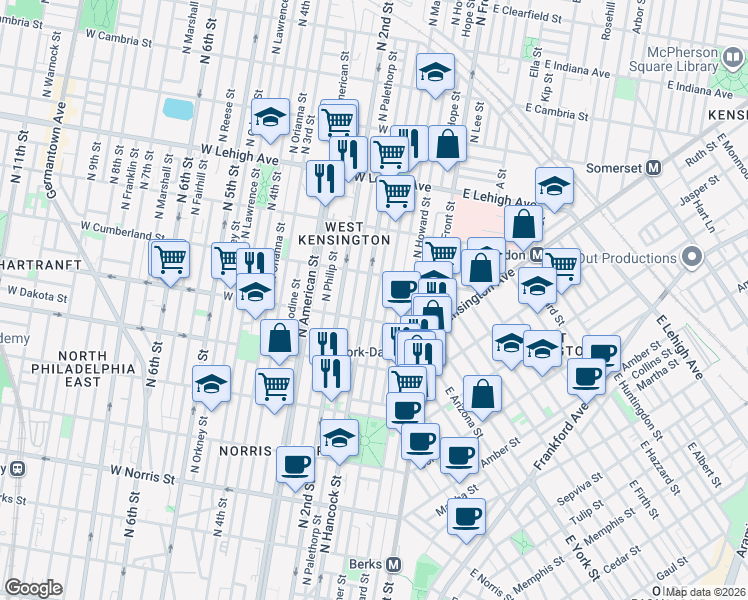 map of restaurants, bars, coffee shops, grocery stores, and more near 2406 North Hancock Street in Philadelphia
