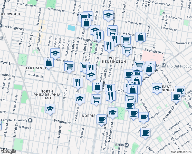 map of restaurants, bars, coffee shops, grocery stores, and more near 262 West York Street in Philadelphia