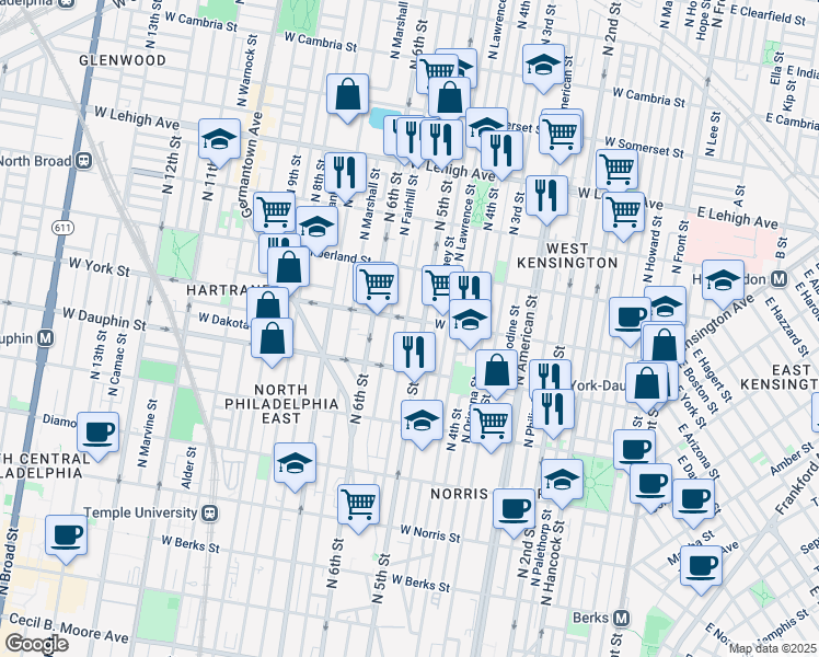 map of restaurants, bars, coffee shops, grocery stores, and more near 2351 North Reese Street in Philadelphia