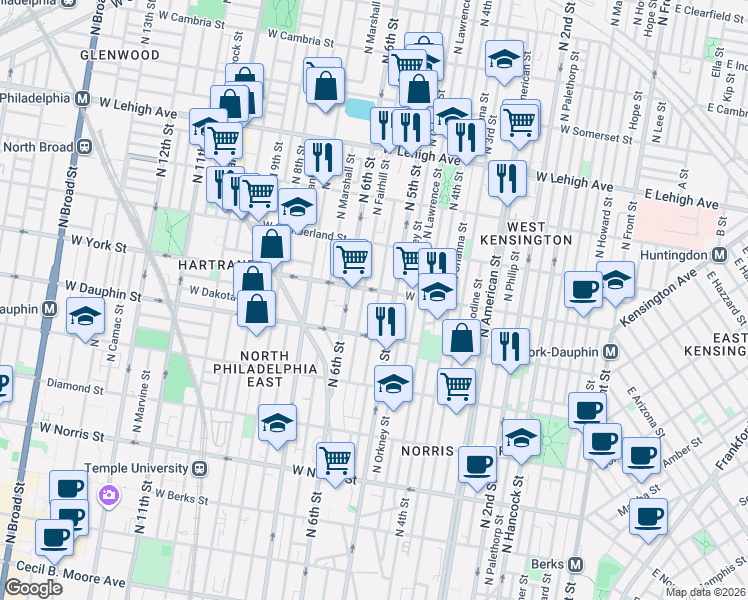 map of restaurants, bars, coffee shops, grocery stores, and more near 2337 North Fairhill Street in Philadelphia