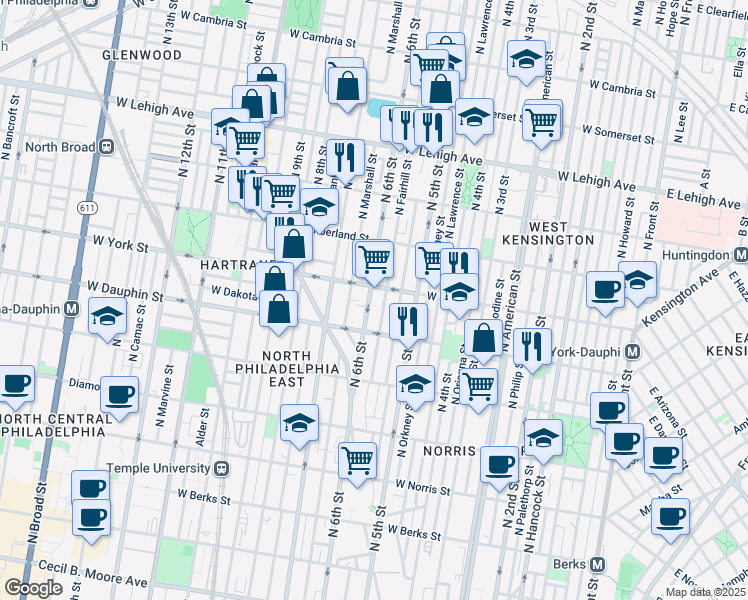 map of restaurants, bars, coffee shops, grocery stores, and more near 2345 North 6th Street in Philadelphia
