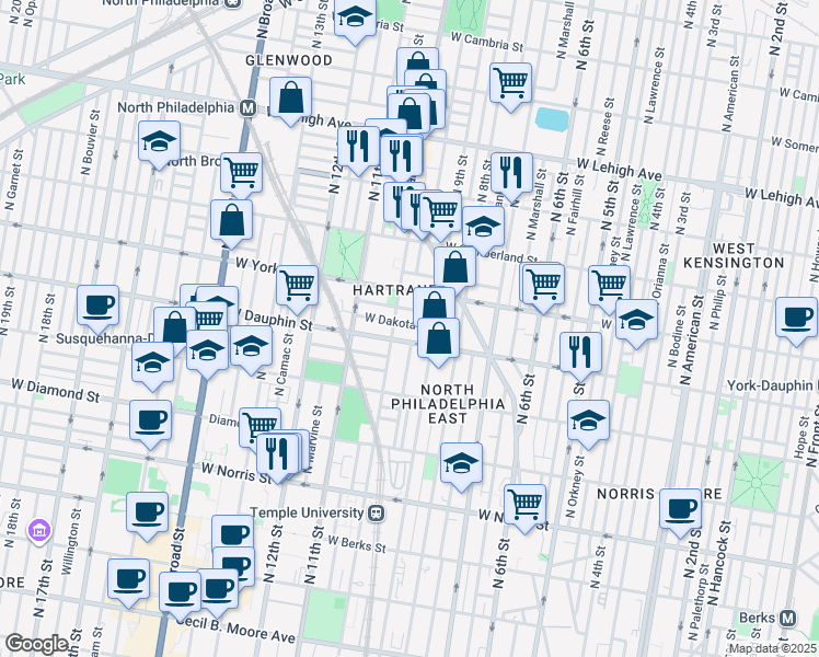 map of restaurants, bars, coffee shops, grocery stores, and more near 935 West Dauphin Street in Philadelphia
