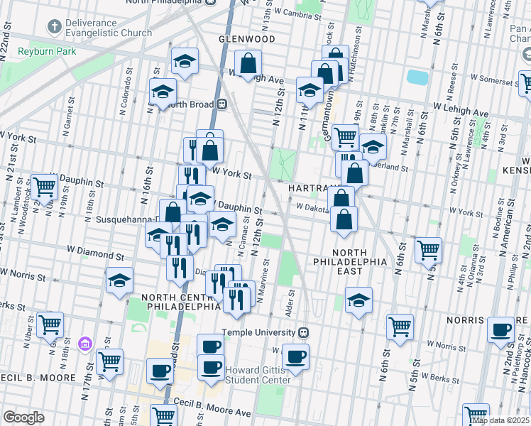 map of restaurants, bars, coffee shops, grocery stores, and more near 1127 West Nevada Street in Philadelphia