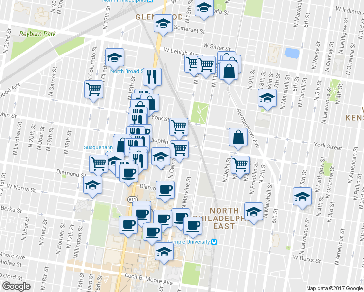 map of restaurants, bars, coffee shops, grocery stores, and more near 2247 North Camac Street in Philadelphia