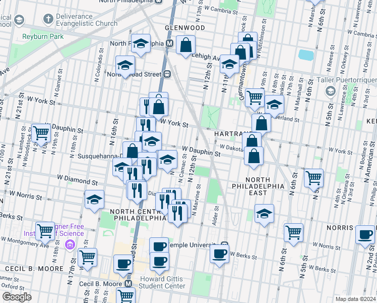 map of restaurants, bars, coffee shops, grocery stores, and more near 2247 North Camac Street in Philadelphia