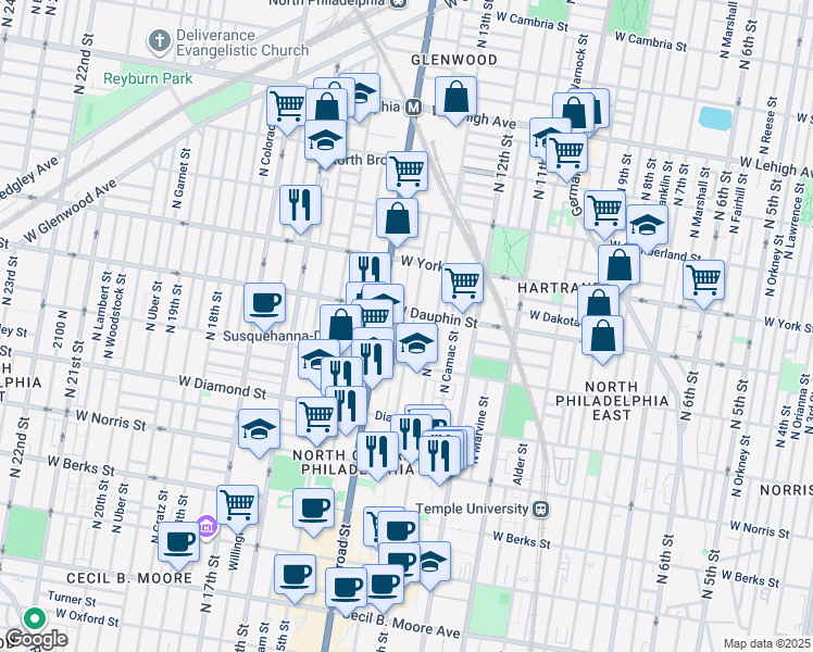 map of restaurants, bars, coffee shops, grocery stores, and more near 2239 North Park Avenue in Philadelphia