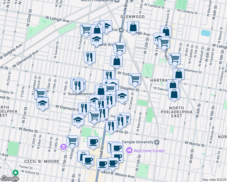 map of restaurants, bars, coffee shops, grocery stores, and more near in Philadelphia