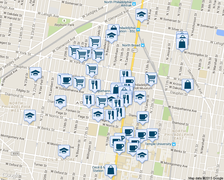 map of restaurants, bars, coffee shops, grocery stores, and more near in Philadelphia